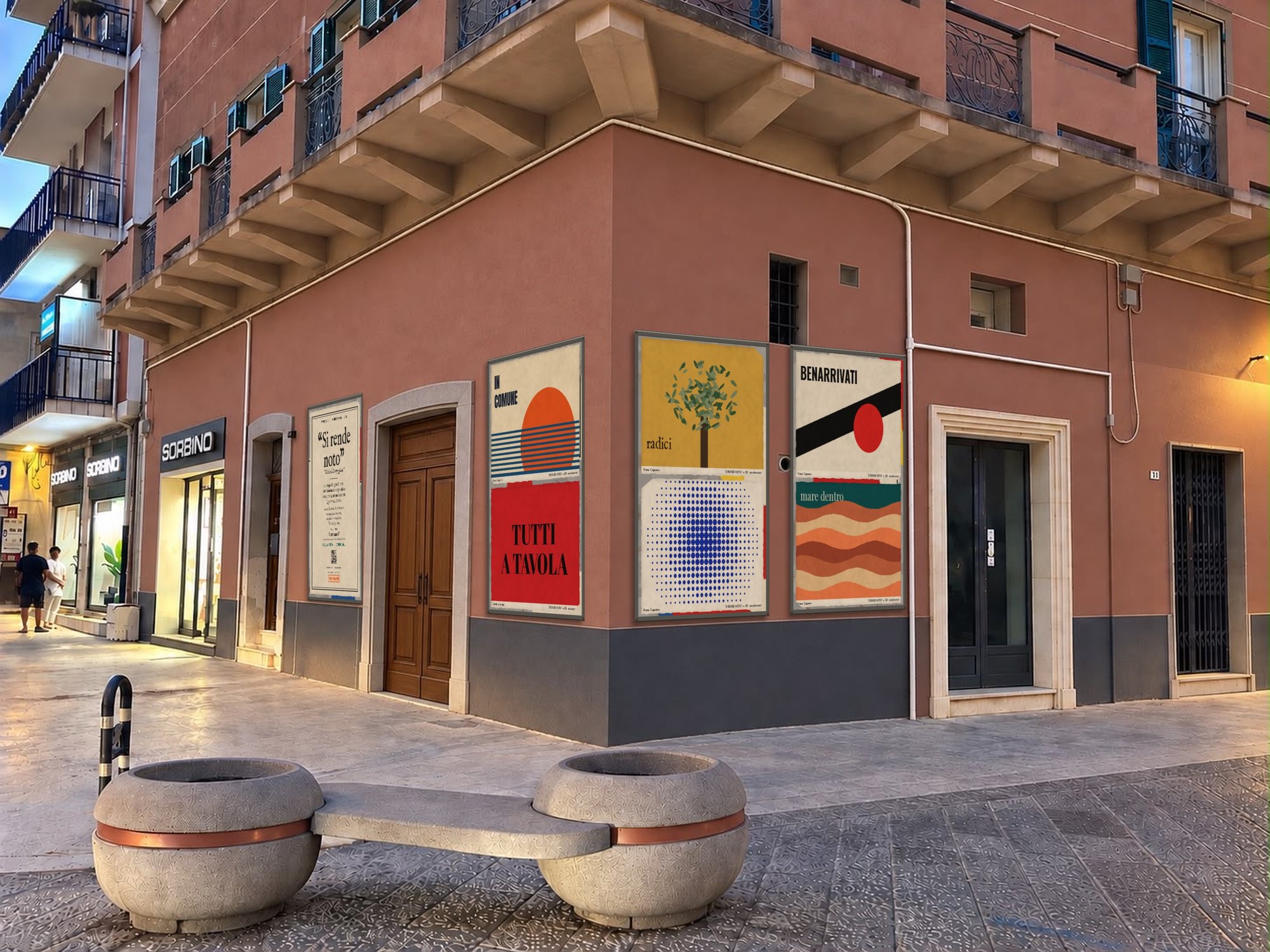Simulazione dell'angolo di Piazza Garibaldi con tre lamiere zincate e sei manifesti d'artista, più l'avviso della call