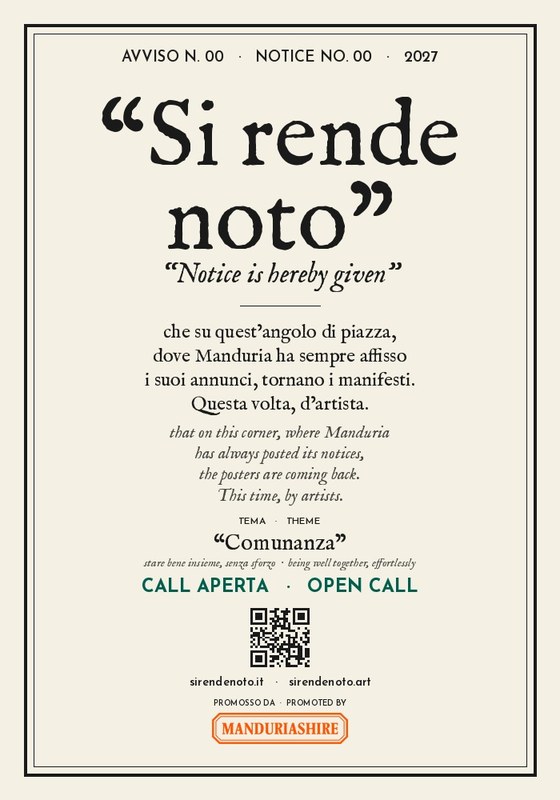 Manifesto della call in italiano e in inglese: “Si rende noto”, “Notice is hereby given”, Avviso n. 00